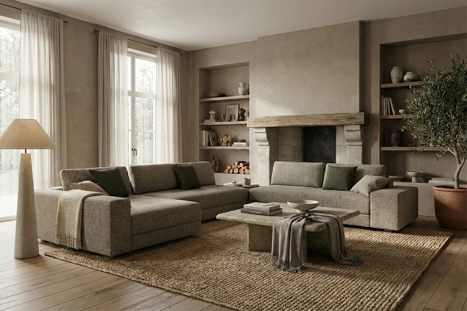 Kuba Plain J-Shape Sectional Sofa with Table